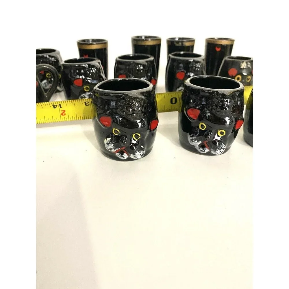 15  Ceramic Black Poodle Dog Face MCM Mini Tea Cups Shot Glasses‎ Japan